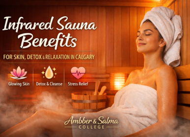 Woman relaxing in an infrared sauna at a women-only spa in Calgary showing infrared sauna benefits for skin, detox, and stress relief